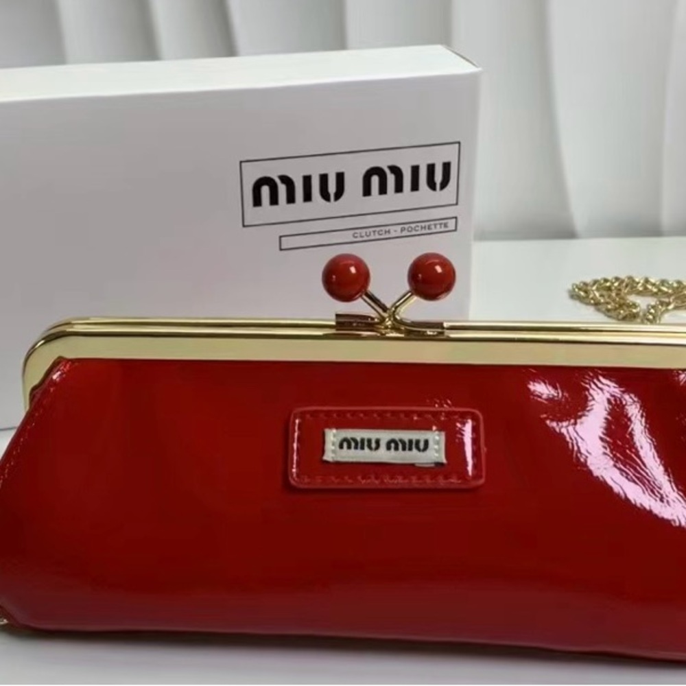 Miu Miu Red Patent Leather Mini Clutch with Gold Hardware